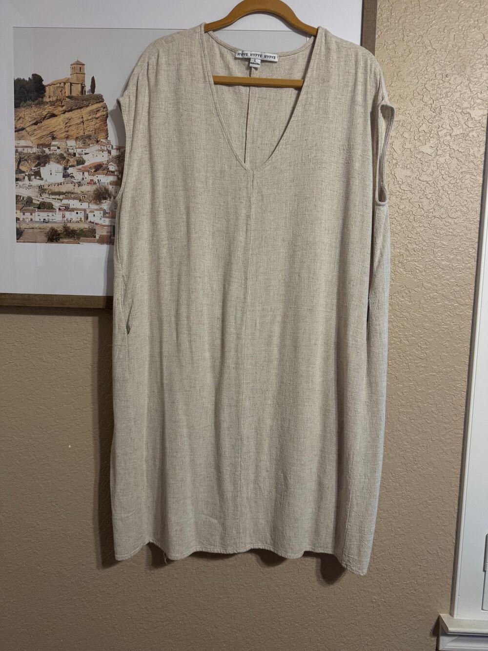Hyfve Women's Size Large Oatmeal Beige Rayon Linen Blend V-Neck Shift Dress